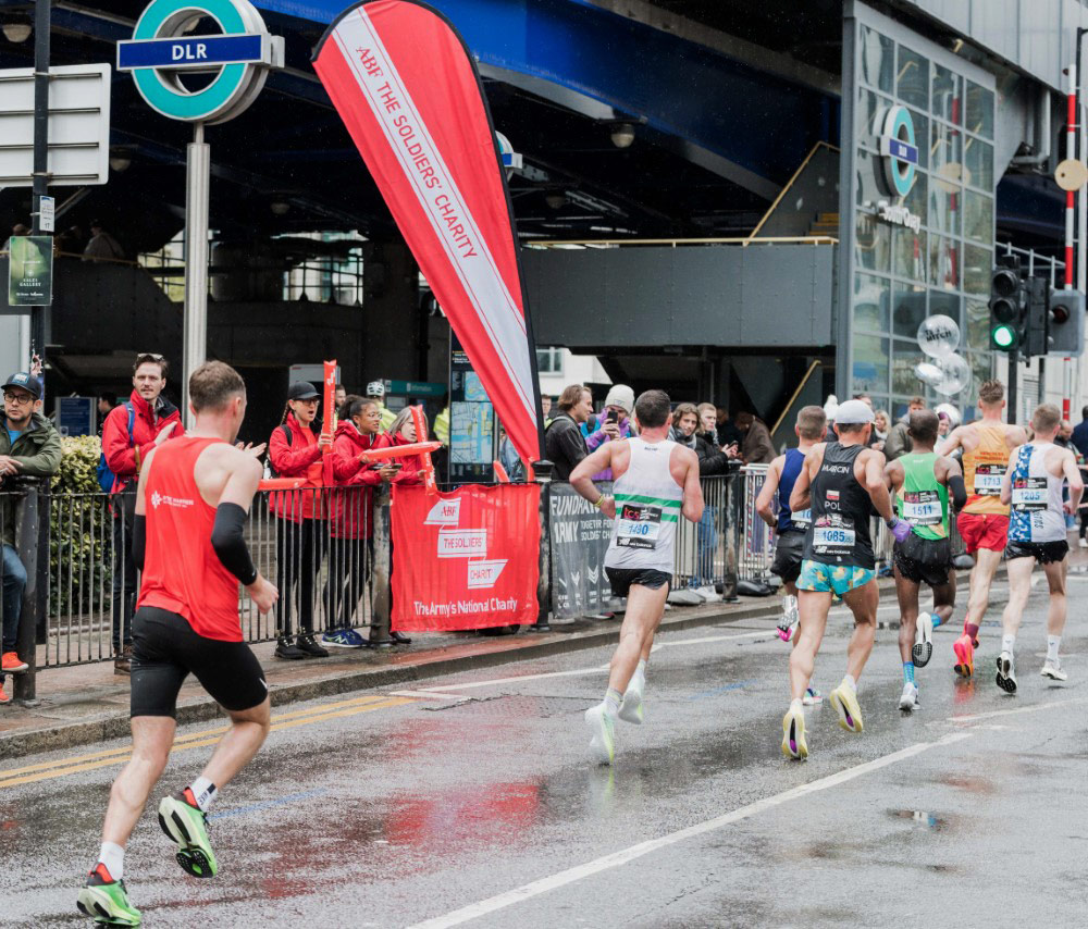 Teardrop Banners and mesh banners produced for ABF The Soldiers’ Charity to support their runners at The London Marathon 2023.